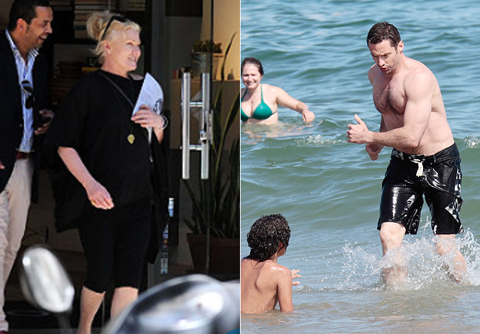 Hugh Jackman se diverte com a família em praia de Barcelona