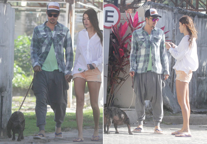 Thaila Ayala e Paulinho Vilhena levam seu cãozinho para passear