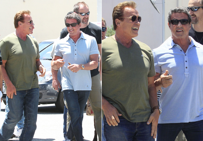 Sylvester Stallone e Arnold Schwarzenegger se divertem num almoço em Beverly Hills