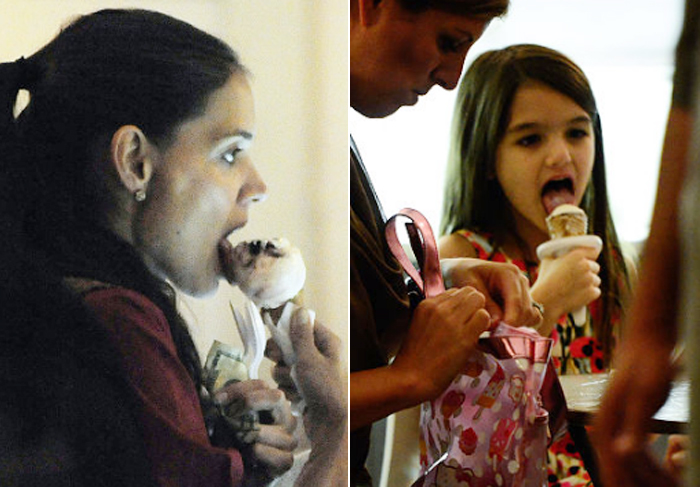 Katie Holmes sorri e toma sorvete no dia do aniversário de Tom Cruise