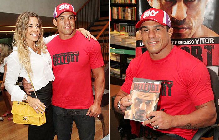 Vitor Belfort lança livro no Rio e recebe o carinho da mulher