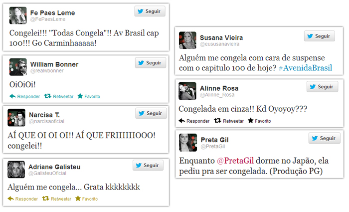 Famosos se congelam no Twitter em homenagem ao capítulo 100 de Avenida Brasil
