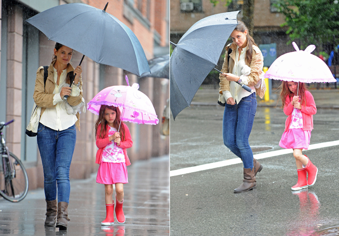 Katie Holmes leva a filha Suri para almoçar em bistrô debaixo de chuva