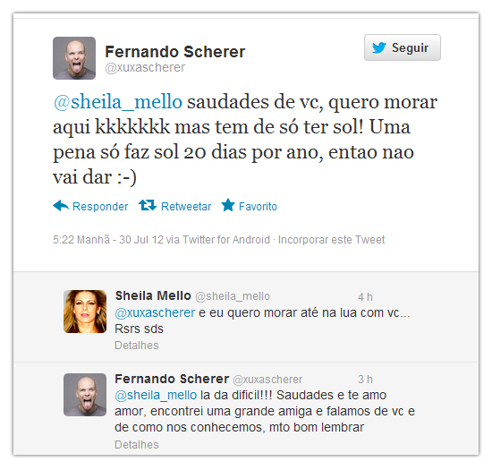 Fernando Scherer e Sheila Mello trocam declaração de amor no Twitter