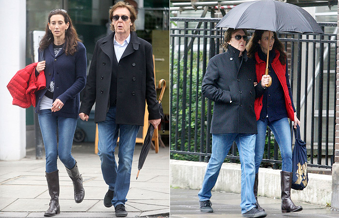 Veja Paul McCartney e sua mulher Nancy, driblando a chuva em Londres