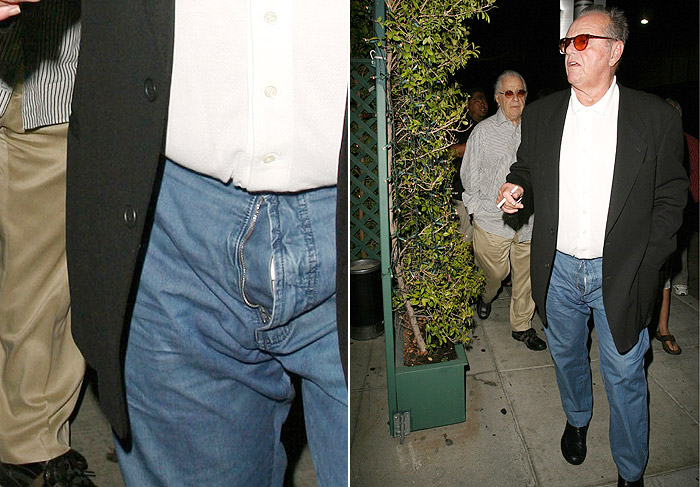 Jack Nicholson sai de restaurante com zíper aberto