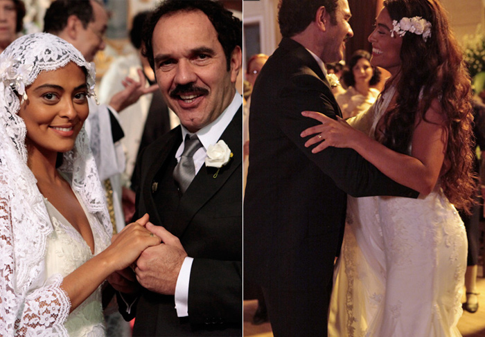Juliana Paes se encanta com vestido de noiva de Gabriela