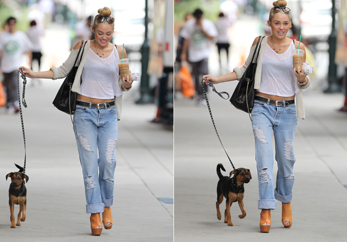 Miley Cyrus passeia com pet na Filadélfia com saltos altíssimos