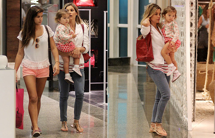 Flávia Alessandra sai com as filhas para dia de compras no shopping