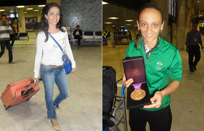 Campeã olímpica Fabi exibe medalha de ouro em aeroporto no Rio