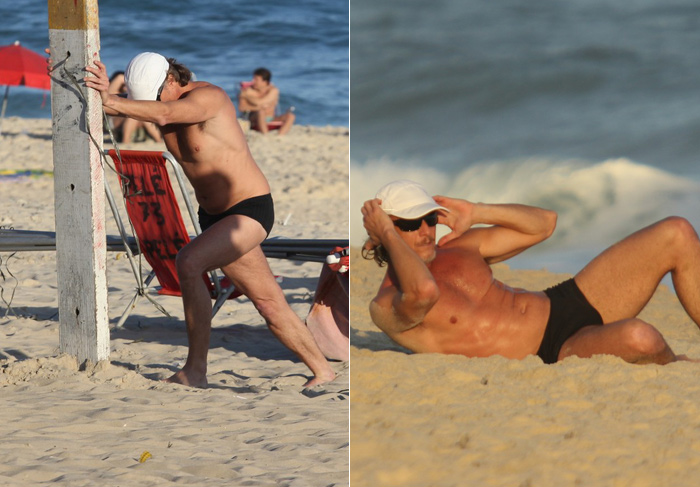 Marcello Novaes se exercita na praia após dia de gravação