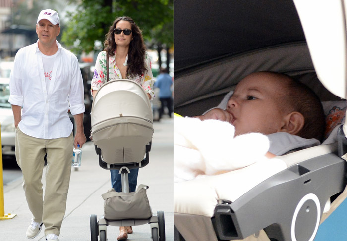 Bruce Willis passeia com a esposa e a filha Mabel, de 4 meses