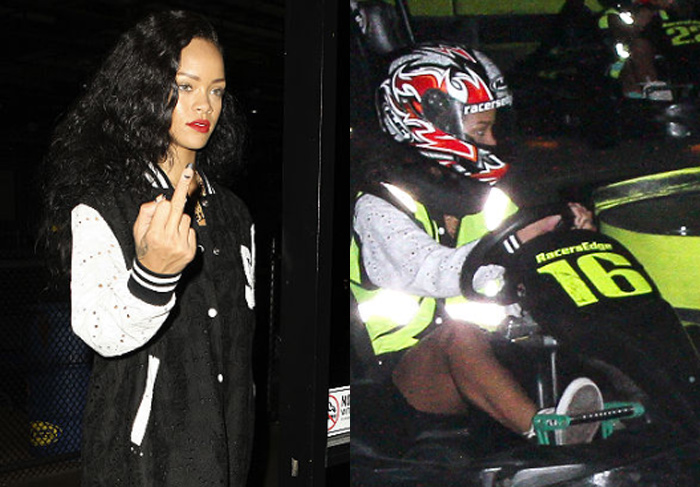 Rihanna mostra o dedo do meio para as câmeras após corrida de kart