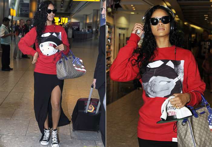 Rihanna desembarca em Londres de camiseta com estampa de cigarro de maconha