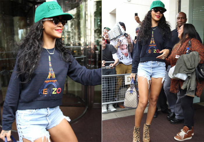  Rihanna mostra as pernas torneadas ao deixar hotel em Londres