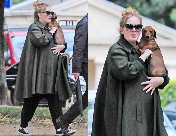 Adele usa casaco estranho para passear com seu pet Louie, por Londres