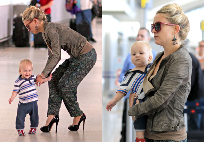 Kate Hudson ajuda filho a caminhar por aeroporto