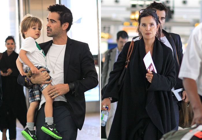 Colin Farrell passeia no aeroporto com ex-namorada e o filho