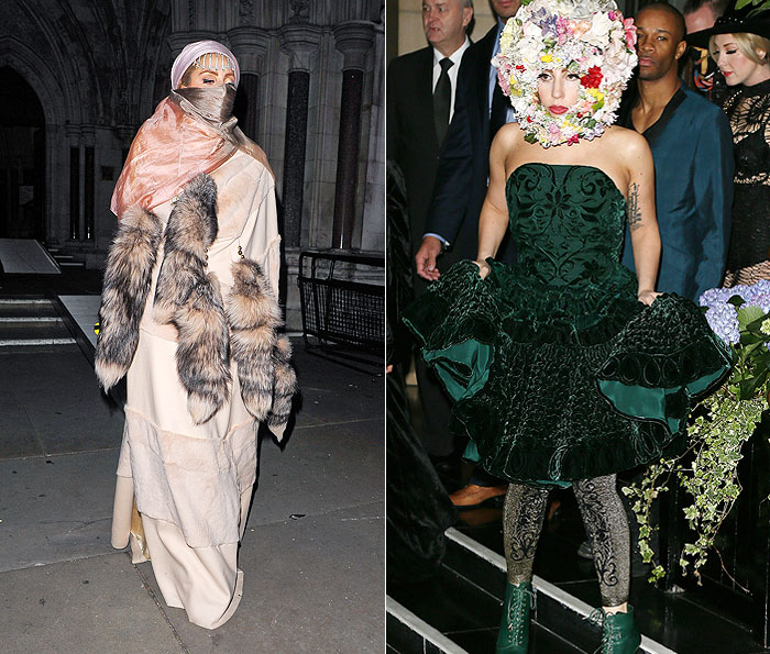 Lady Gaga cobre a cabeça com flores para conferir desfile de Philip Treacy
