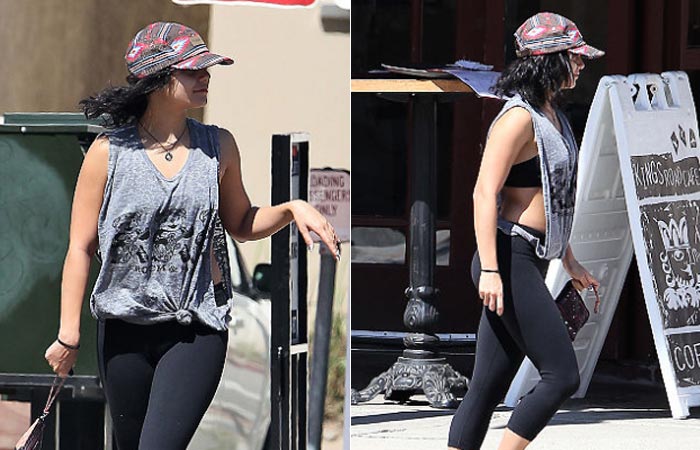 Vanessa Hudgens mostra que está em ótima forma com roupa de ginástica