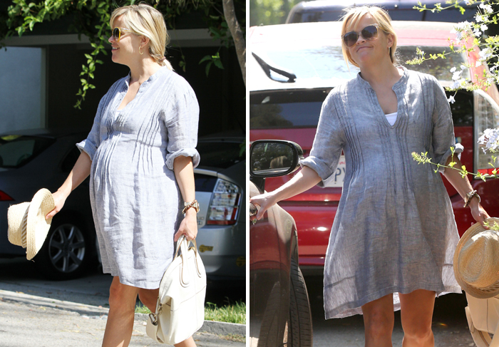 Reese Witherspoon passeia com barrigão de grávida em Brentwood