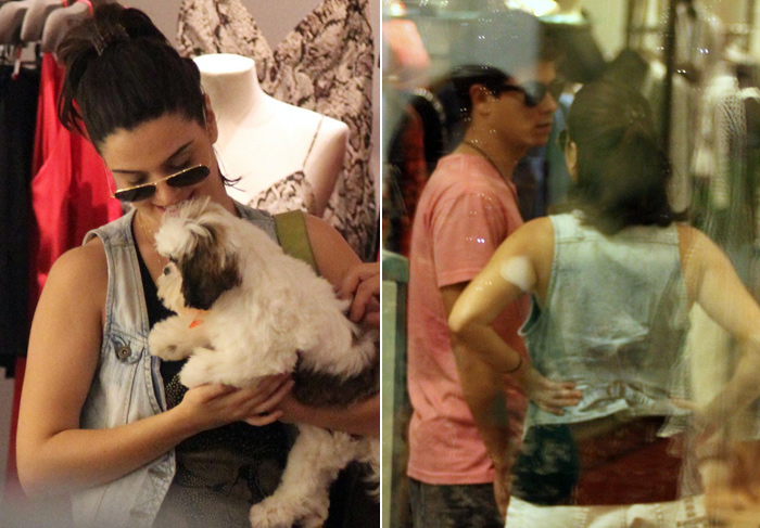 Giovanna Lancellotti passeia com cachorro e namorado no shopping