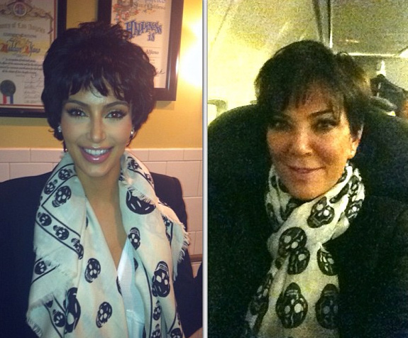 Kim Kardashian imita a mãe com peruca curta e roupa parecida