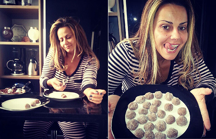 De pijama, Viviane Araújo faz brigadeiro