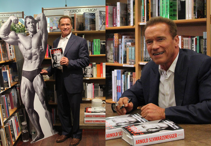 Arnold Schwarzenegger assina cópias de sua autobiografia, em NY