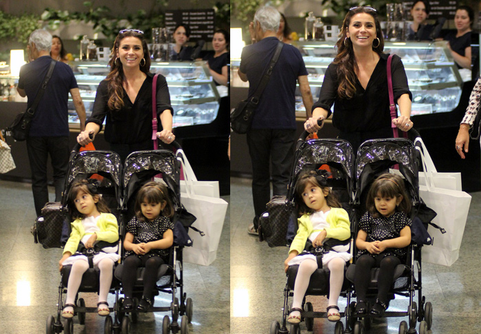 Giovanna Antonelli curte as filhas gêmeas no shopping 