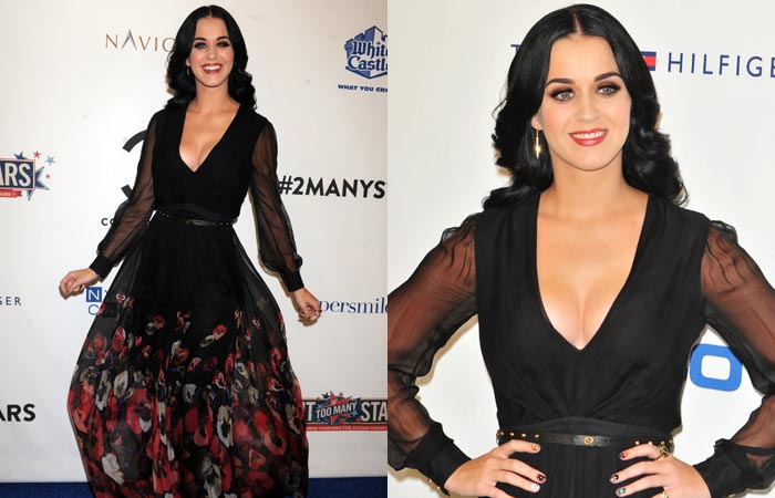 Katy Perry usa mega decote em festa beneficente