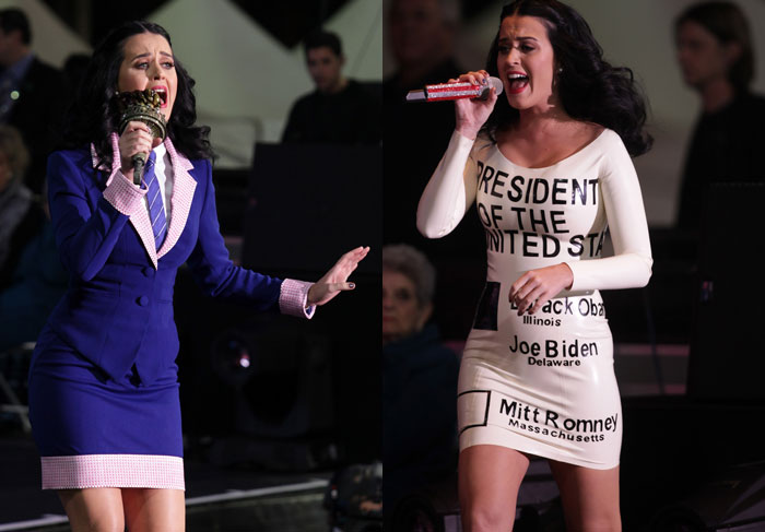 Com vestido justo, Katy Perry canta em apoio a Barack Obama