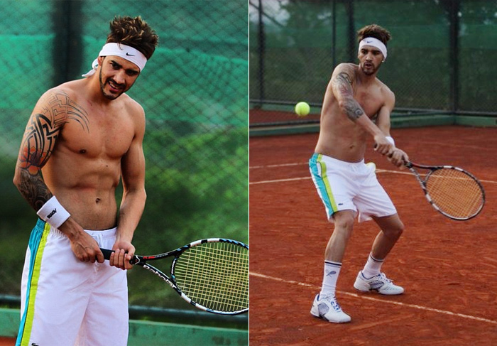 Gusttavo Lima mostra seus músculos em treino de tênis