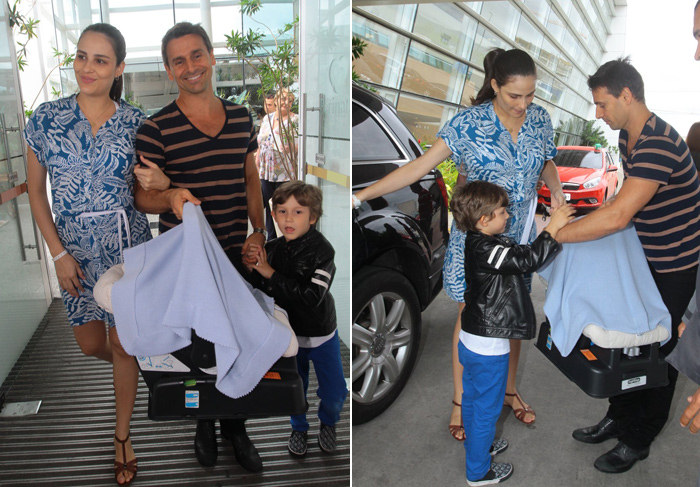 Fernanda Tavares e o filho, Artur, deixam a maternidade com Murilo Rosa