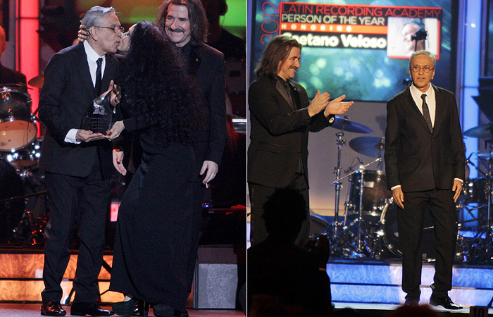 Caetano Veloso beija Sônia Braga em cerimônia do Grammy Latino
