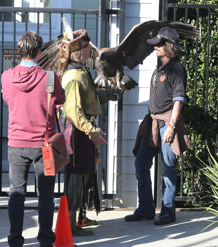 Johnny Depp admira águia gigante durante evento em escola