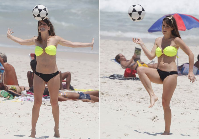Fernanda Pontes mostra habilidade jogando bola em praia carioca