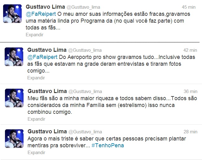 Gusttavo Lima continua irritado e desabafa no Twitter