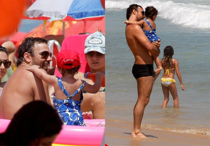 Marcelo Faria faz farra com a filha na piscina de plástico