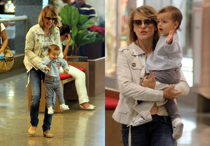 Juliana Silveira leva o filho Bento para passear em shopping no Rio de Janeiro