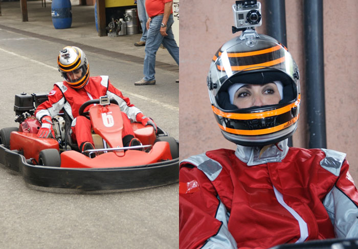 Luciana Gimenez anda de kart com Rubens Barrichello
