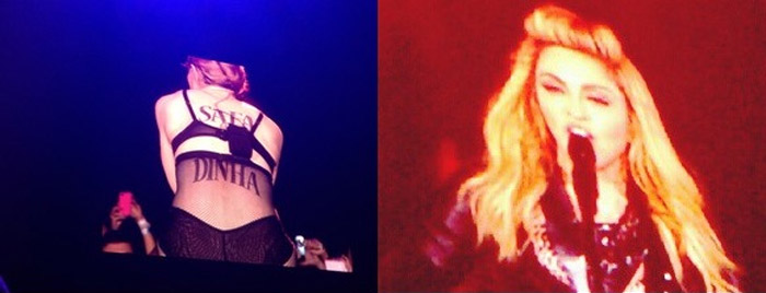 Madonna faz show em São Paulo com tatuagem 'Safadinha' nas costas
