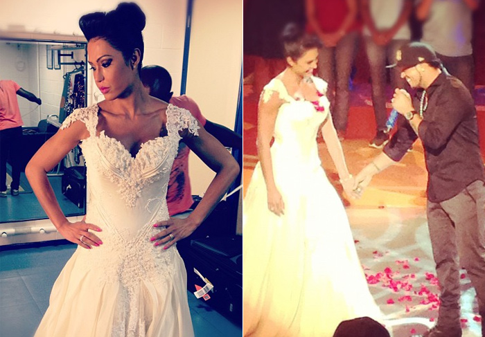 Com vestido de casamento, Gracyanne Barbosa faz surpresa para Belo