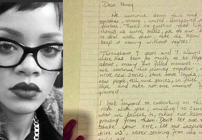 Rihanna escreve carta de  próprio punho para os fãs O Fuxico