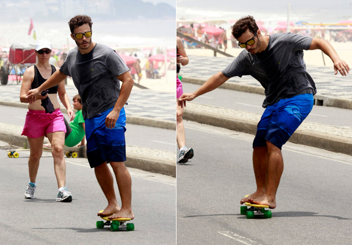 De skate, Thiago Rodrigues pega “rabeira” em bicicleta da esposa