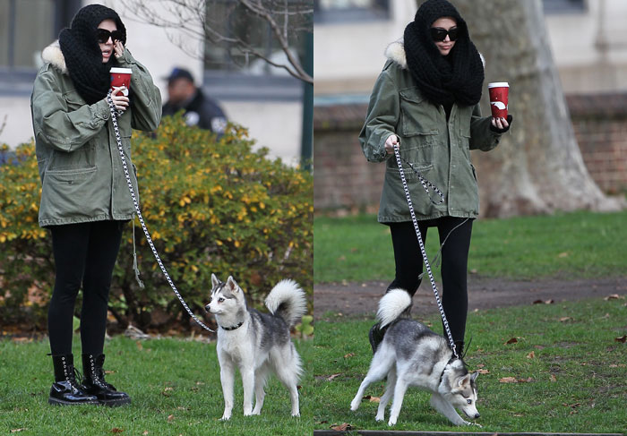  Miley Cyrus se  enche de roupa para passear com seu cachorro 