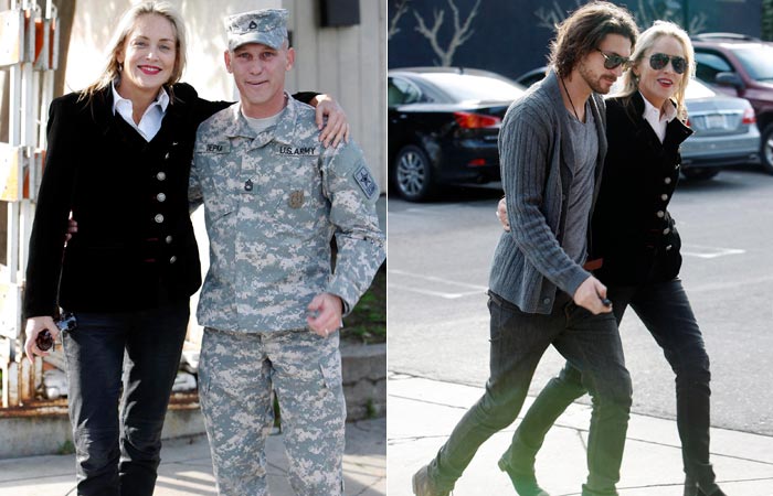 Sharon Stone posa ao lado de soldado nas ruas de Beverly Hills