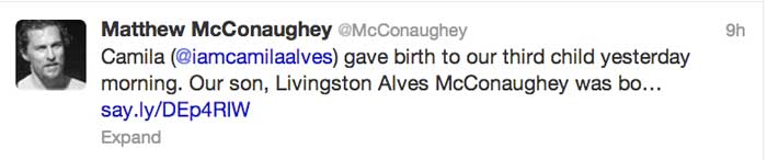 Terceiro filho de Matthew McConaughey e Camila Alves se chama Livingston O Fuxico
