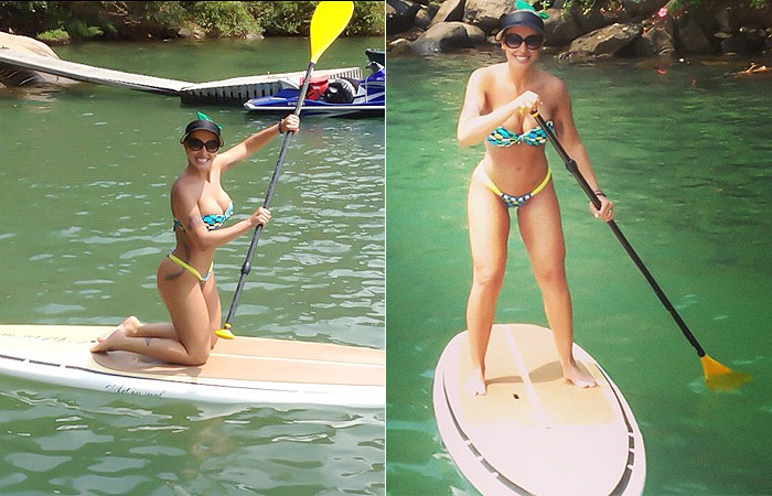 Jaque Khury se arrisca no stand up paddle em Angra dos Reis