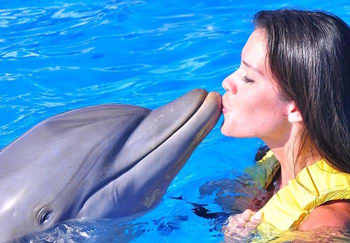 Ex-BBB Talula passeia nas praias de Cancun e beija golfinho